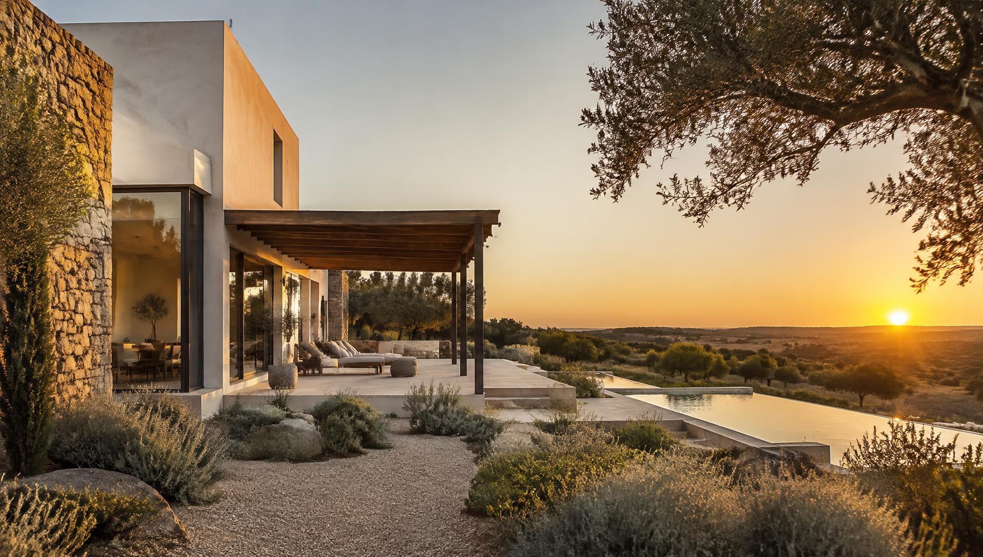 Moradia contemporânea portuguesa ao pôr do sol